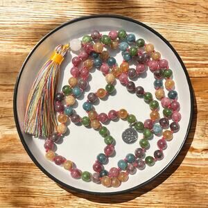 Colorful Tourmaline Mala Beads – 108 Bead Meditation Necklace with Lotus Charm